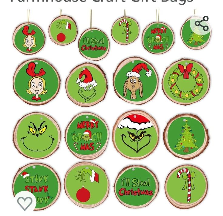 christmas ornaments with the words farmhouse craft on them and an image of santa's helper