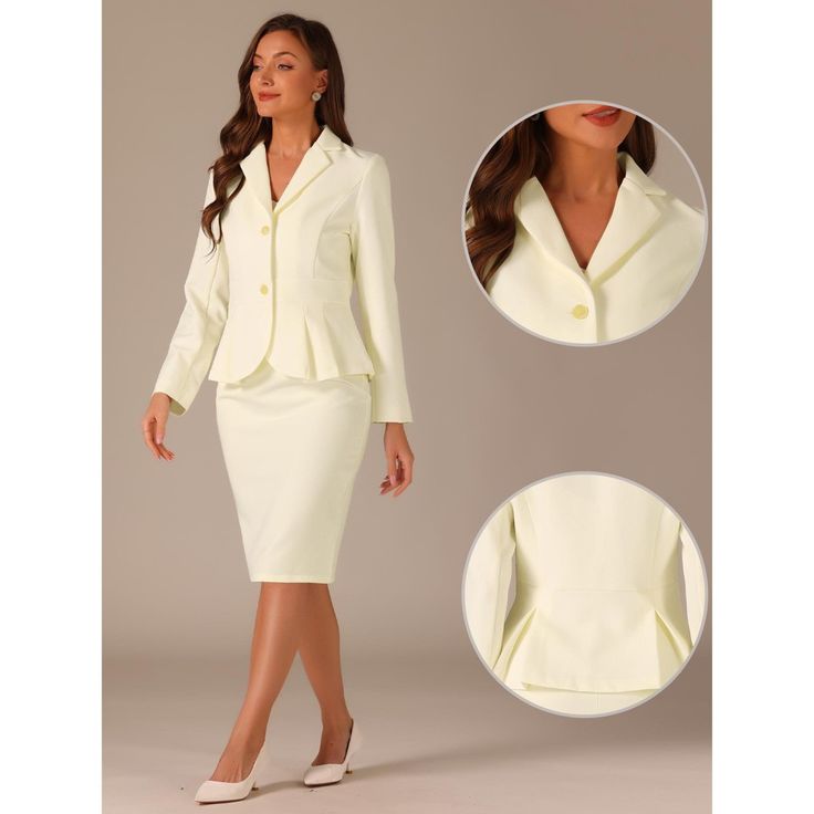 The set features a long-sleeve blazer with a notched lapel design that accentuates the sophisticated look of the suit. The peplum detail on the blazer adds a feminine touch and enhances your curves. It is a must-have choice for your work wardrobe in the new season. The pencil skirt in this set complements the blazer perfectly with its sleek design. It features a high waistline that flatters your figure and creates a professional look. The knee-length cut makes the skirt appropriate for formal an Fitted Long Sleeve Sets For Business Casual, Formal Long Sleeve Sets With Hidden Button Closure, Classic Fitted Career Sets, Fitted Career Suits With Suit Collar, Single Breasted Office Wear Sets With Lapel Collar, Office Wear Single Breasted Sets With Lapel Collar, Classic Fitted Sets For Career, Single Breasted Sets With Lapel Collar For Office, Single Breasted Sets With Lapel Collar