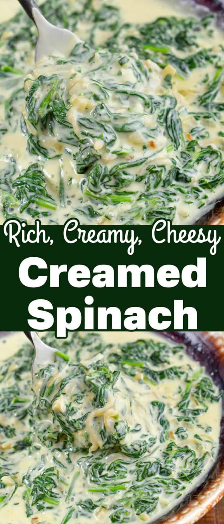 creamy creamed spinach soup in a bowl with a spoon on the side and text overlay that reads rich, creamy, cheesy cremesy creamed spinach