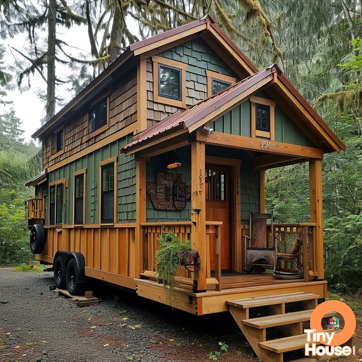 a tiny house built into the side of a forest with steps leading up to it