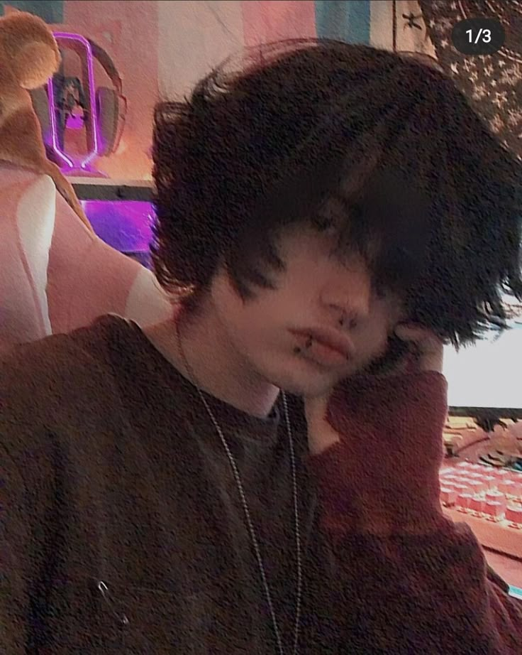 Fluffy Black Hair Men, Goth Haircut Men, Alt Guys With Fluffy Hair, Black Fluffy Hair Boy, Fluffy Black Hair Boy, Fluffy Hair Male, Femboy Hairstyle, Black Fluffy Hair, Fluffy Black Hair