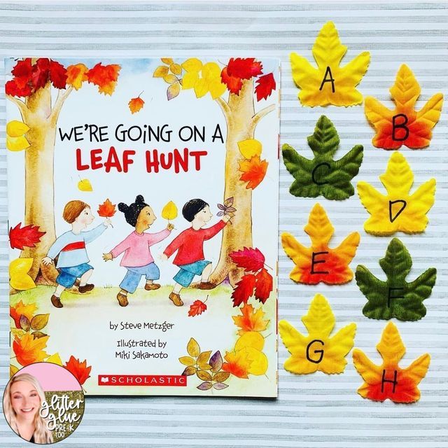 there is a book about leaf hunt with leaves surrounding it and the words, we're going on a leaf hunt