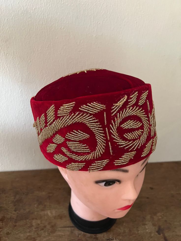 African Chieftaincy Wedding Hat. Igbo Ozo Cap, African Men's Wedding Velvet Cap/Beaded Cap. Nigerian Special Traditional Men Hat Embroidered Wedding Hat, Traditional High Crown Costume Hat For Wedding, Traditional Adjustable Hat For Formal Occasions, Adjustable Ceremonial Cap Costume Hat, Adjustable Ceremonial Costume Cap, Red Wedding Cap, Ceremonial Hats With Adjustable Round Crown, Ceremonial Adjustable Hat With Round Crown, Traditional Ceremonial Hats With Short Brim