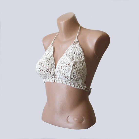 Crochet bralette - Lace bralette - Cream triangle bikini top - Halter bralette - Festival clothing - Beach Lace Crop Top With Built-in Bra, Festival-ready Bra-friendly Halter Neck Top, Festival Bra Friendly Halter Neck Top, Festival Halter Neck Top, Bra Friendly, Summer Lace Stretch Bra, Stretch Lace Bra For Summer, Stretch Lace Beach Bra, Beach Lace Stretch Bra, Bohemian Halter Top With Built-in Bra For Beach