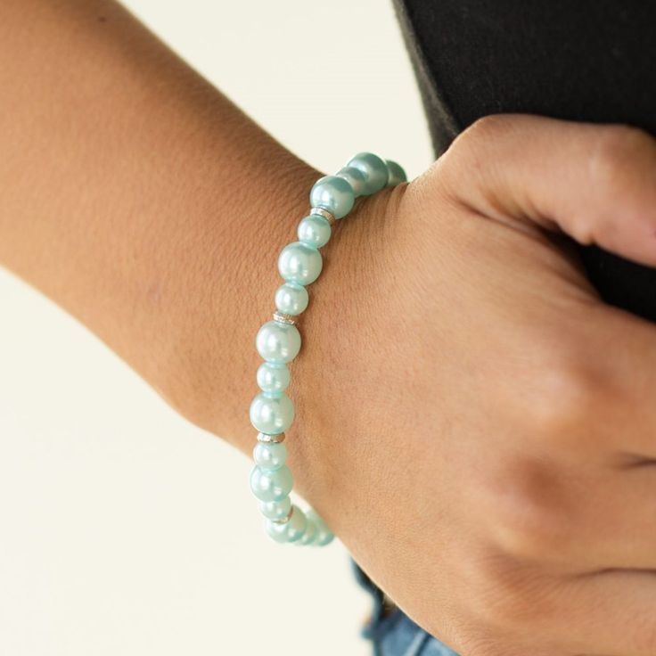 Infused With Dainty Silver Accents, A Collection Of Dainty And Classic Blue Pearls Are Threaded Along A Stretchy Band Around The Wrist For A Timeless Look. Sold As One Individual Bracelet. Casual Turquoise Jewelry For Party, Beach Wedding Red, Suede Bracelet, Blue Pearls, Paparazzi Accessories, Hinged Bracelet, Dark Gold, Pink Beads, Blue Pearl