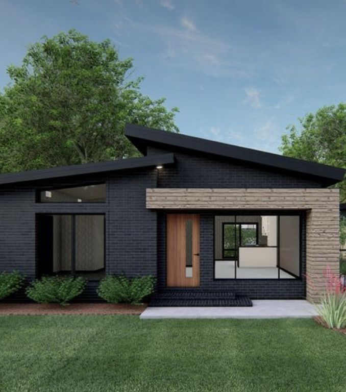 a rendering of a small black house in the middle of a yard with trees and bushes