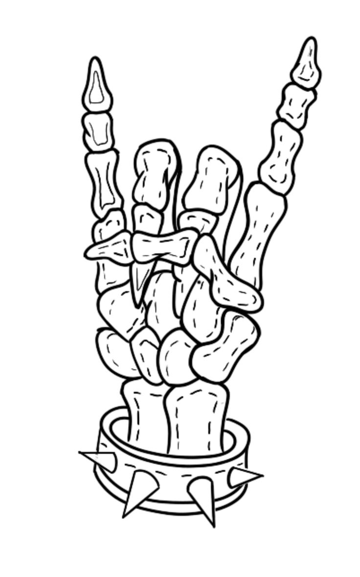 a black and white drawing of a hand with bones on it, in the shape of a peace sign