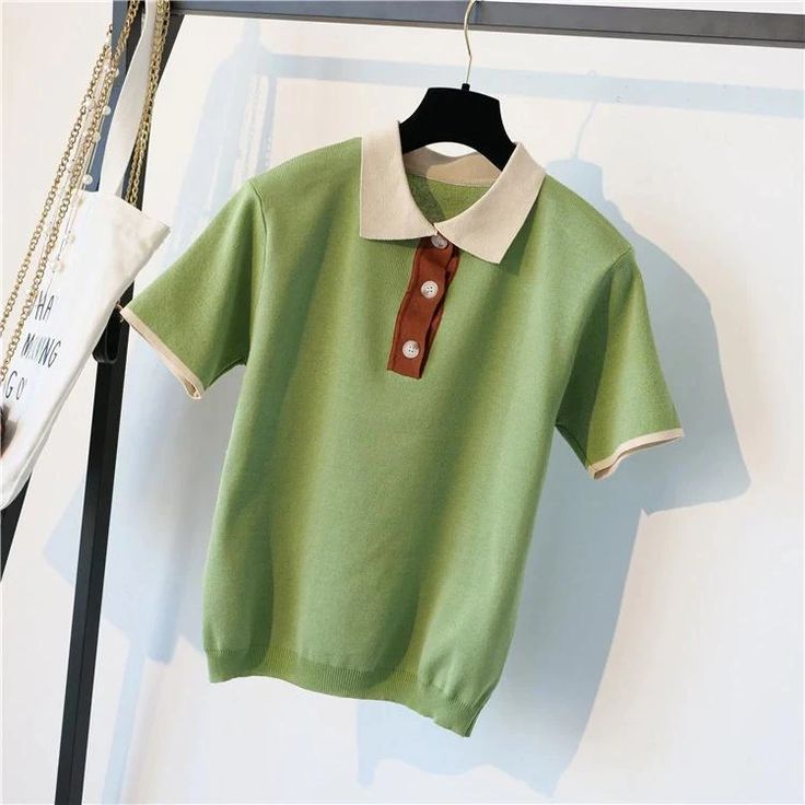 Polo Collar Buttons Knitted Shirt – Tomscloth Collared Cotton Knit Top For Summer, Summer Cotton Collared Knit Top, Collared Knit Tops With Buttons, Casual Knit Tops With Collar, White Knit Collared Top, Knit Collared Tops With Buttons, Green Knit Collared Tops, Green Collared Knit Top, Retro Short Sleeve Knit Tops