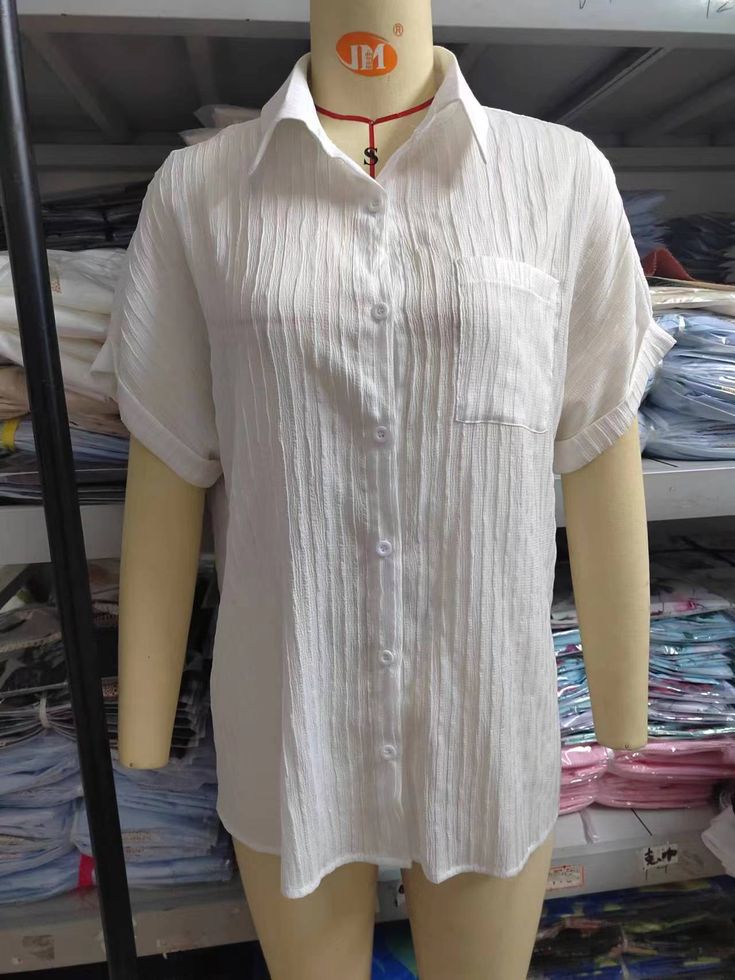 Women's Casual Shirt Short Sleeve Lapel Pleated Blouses Plain Collared Tops For Spring, Plain Summer Office Tops, Casual Plain Button-up Blouse, Collared Plain Summer Blouse, Plain Button-up Summer Blouse, Summer Office Blouse With Pockets, Summer Collar Blouse With Pockets, Plain Collared Blouse For Spring, White Collared Plain Blouse