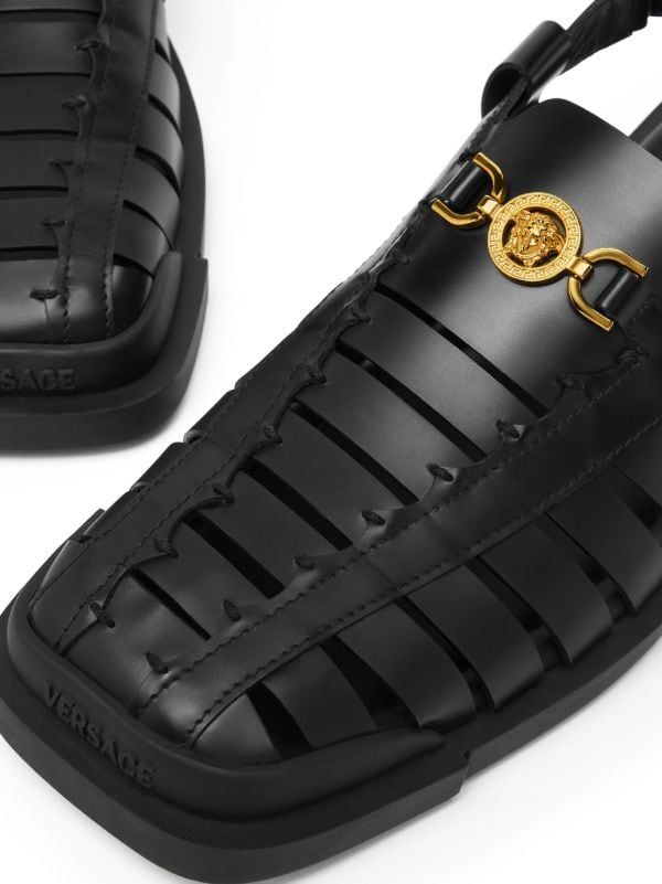 Versace Medusa '95 Caged Leather Sandals - Farfetch Cage Sandals, Latest Sandal, Versace Gold, Fisherman Sandals, Leather Thong Sandals, Caged Sandals, Brown Leather Sandals, Balenciaga Triple S, Summer Beach Wear