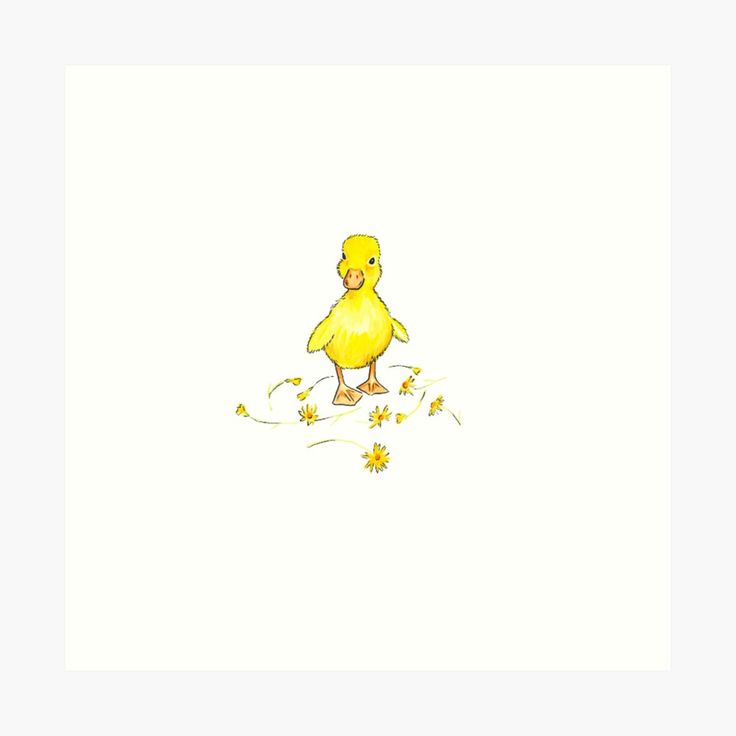 a drawing of a little yellow duck on the ground with daisies in it's beak