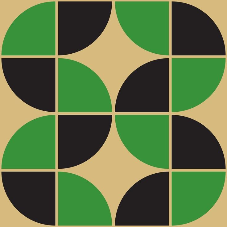 a green and black geometric design on a beige background, with circles in the center