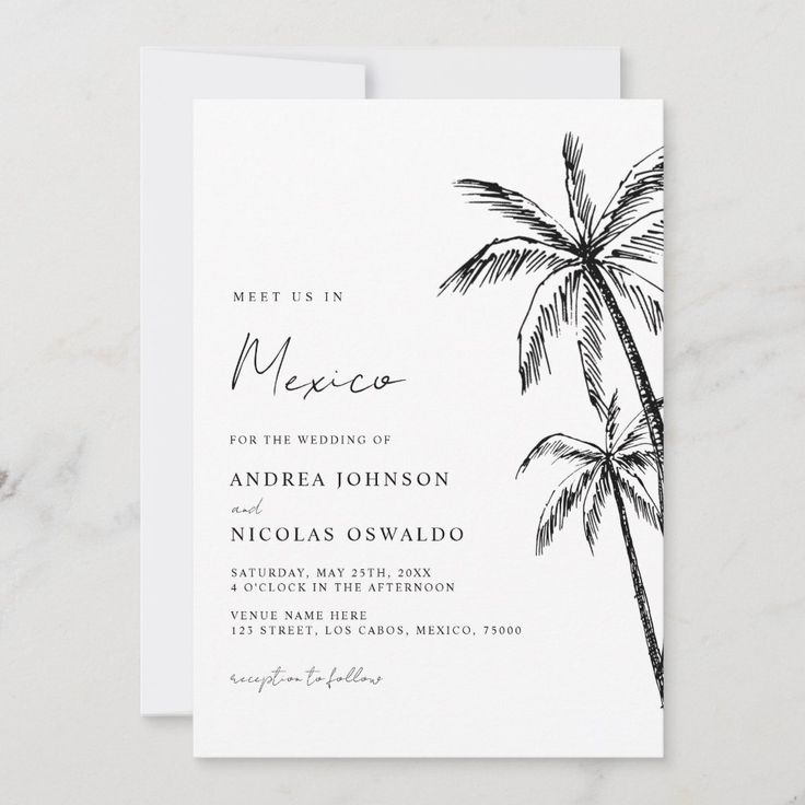 the palm tree wedding program card is shown in black and white, on a marble surface