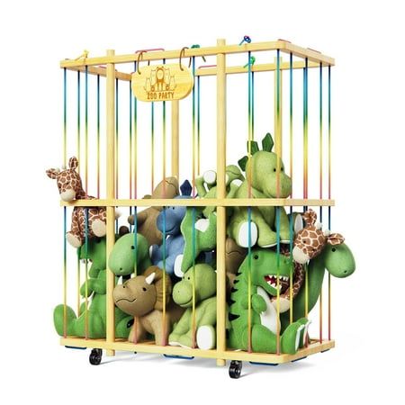 the stuffed animals are in the cage together