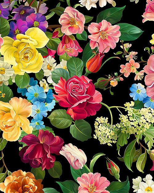 a bunch of colorful flowers on a black background