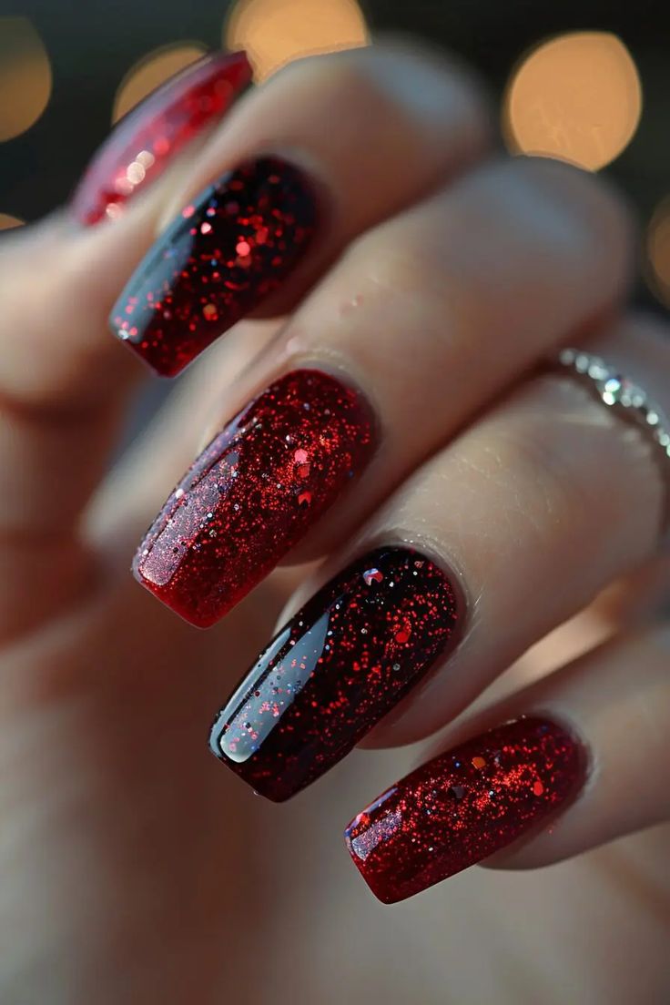 50 Gorgeous Red Nails Ideas to Transform Your Look In 2024(With DIY Tips) - Latest & Trendy Nail Designs Red Nails For A Wedding, Black With Red Sparkle Nails, Red And Black Fingernails, Black And Red Sparkle Nails, Red And Black Gel Nails Ideas, Crazy Red Nails, Red Nails Black Tips, Black And Red Glitter Nails, Red And Black Glitter Nails