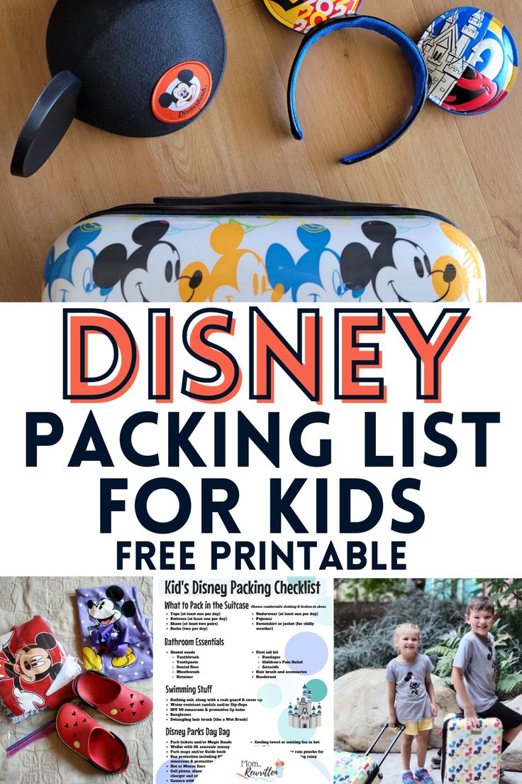 the disney packing list for kids is shown with mickey mouse hats and other items on it