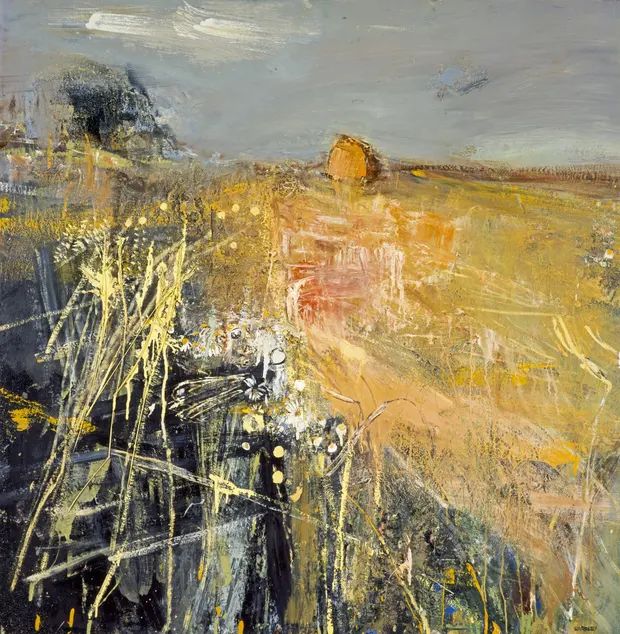 an abstract painting with yellow and gray colors on the outside, including grass in the foreground