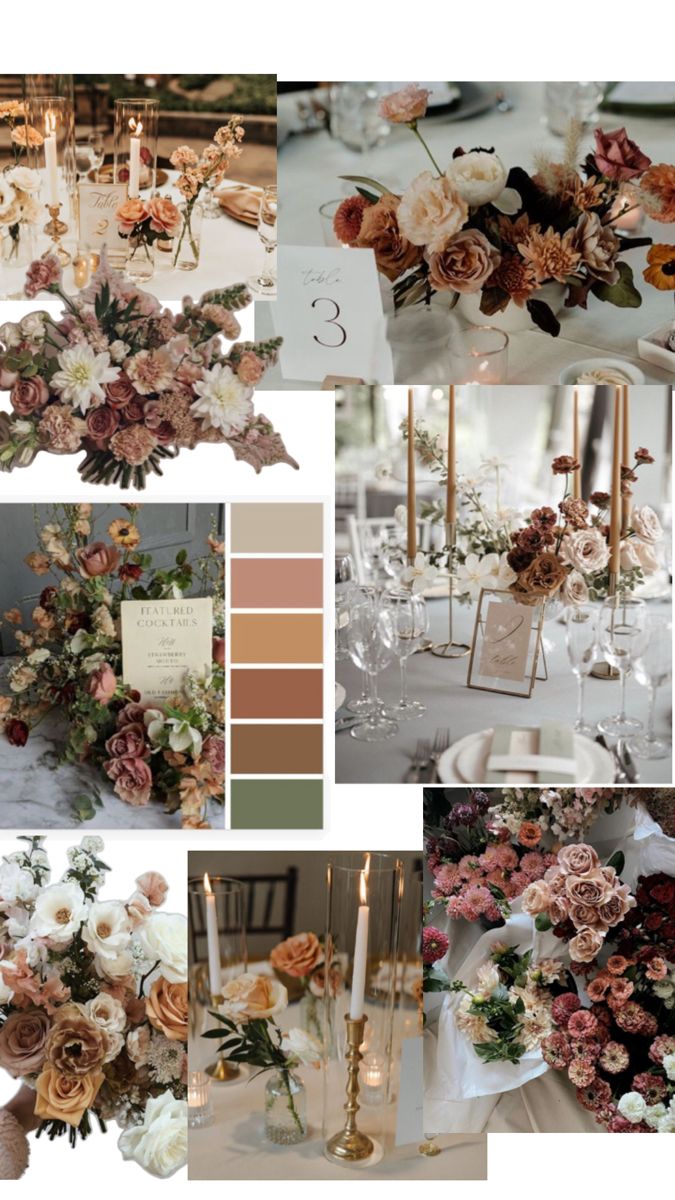 a collage of different flowers and candles