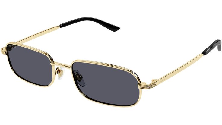 Gucci sunglasses model GG1457S Lettering eyewear collection rectangle metal frame featuring shiny endura gold frame and gold lens.