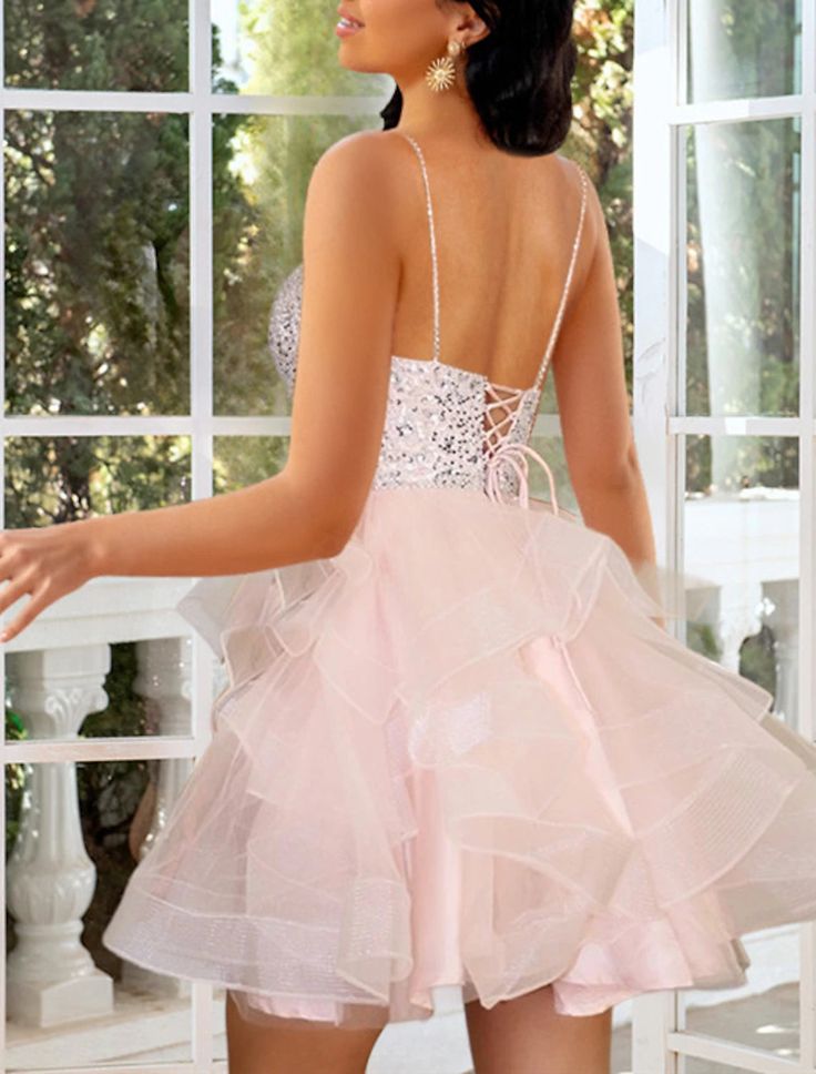 A-Line Homecoming Dresses Tiered Plisse Dress Graduation Cocktail Party Short / Mini Sleeveless Spaghetti Strap Pink Dress Organza with Beading Sequin Graduation Cocktail, Dress Organza, Plisse Dress, Dress Graduation, Dresses Quinceanera, Evening Dresses Cocktail, Wedding Bridesmaid Dresses, Quinceanera Dresses, Cocktail Dress Party