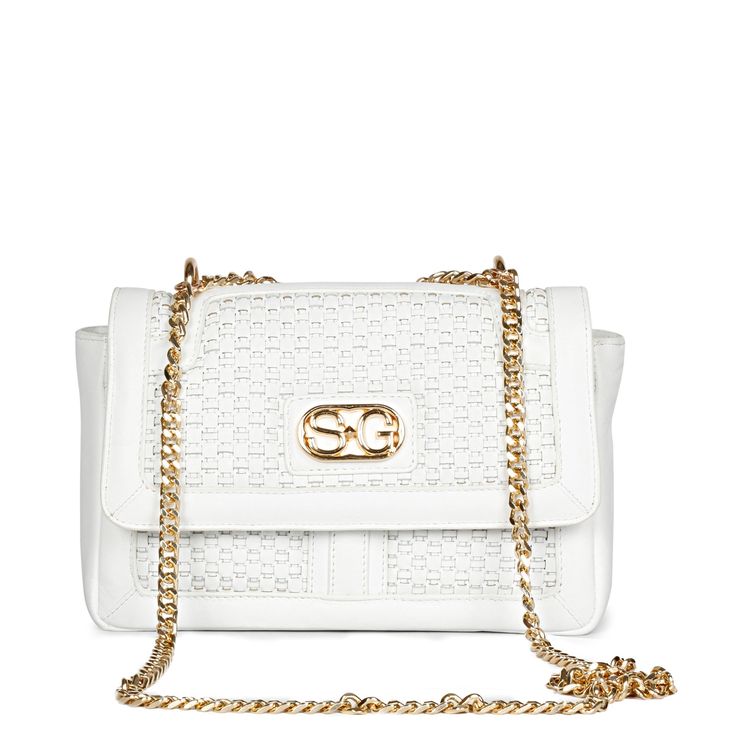 Catch All Eyes, an accessory that deserves a night out on the town, the Addie white leather sling bag is an ultra luxe bag featuring an incredible weave detail, a detachable gold toned metal chain sling strap. Has a magnetic button closure. this sling bag from SaintG adds dimension to all of your looks, - White Blush leather upper - Handwoven leather panel, - Cotton lined & Magnetic Button Closure. - Detachable metal chain sling strap. - 1 main compartment,1 interior zipper pocket, 1 exterior ma Designer White Flap Bag For Evening, Luxury Crossbody Shoulder Bag With Gold Chain, Luxury Shoulder Bag With Gold Chain, Elegant White Flap Bag With Gold-tone Hardware, Luxury White Flap Bag With Chain Strap, Formal White Shoulder Bag With Metal Hardware, Luxury White Crossbody Flap Bag, Luxury Rectangular Bags With Gold Chain, Luxury Rectangular Bag With Gold Chain