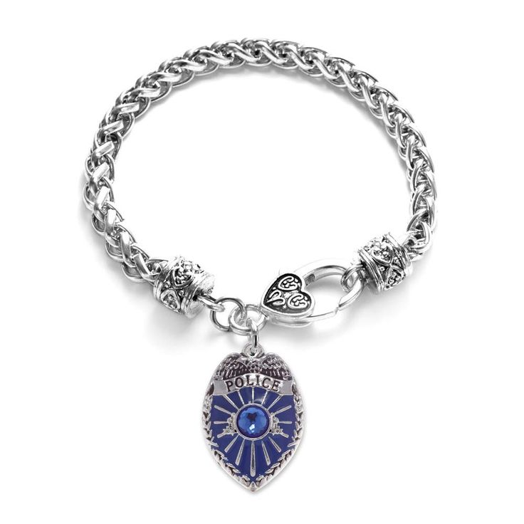 PRICES MAY VARY. PREMIUM QUALITY - Measuring approximately 7.5 inches in diameter, this charming Blue Police Badge bracelet for women boasts a high polish sterling silver finish. TIMELESS DESIGN - Featuring a braided chain design with a decorative lobster claw heart clasp, our Blue Police Badge silver bracelets make unforgettable gifts for women. SPARKLING CHARM - This cute silver bracelet features a customized bracelet charm set with sparkling Cubic Zirconia diamonds and measures 1/2" tall x 1/ Personalized Blue Metal Jewelry, Blue Personalized Metal Jewelry, Personalized Blue Jewelry, Blue Nickel-free Stainless Steel Jewelry, Personalized Blue Sterling Silver Bracelets, Blue Stainless Steel Nickel-free Jewelry, Blue Engraved Sterling Silver Bracelets, Blue Sterling Silver Engraved Bracelet, Silver Braided Bracelet