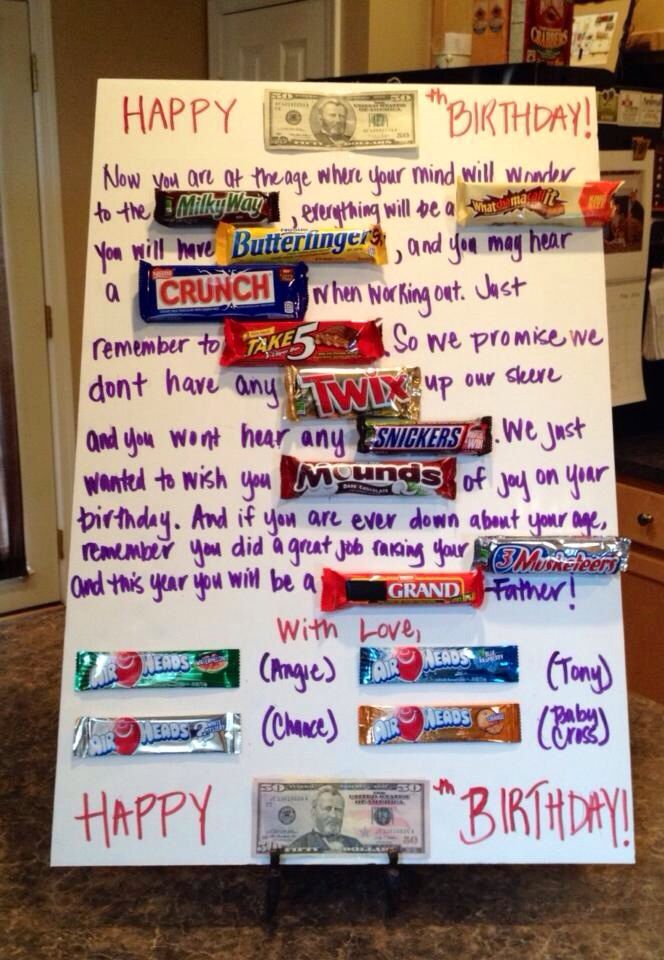 a birthday card board with candy bars on it