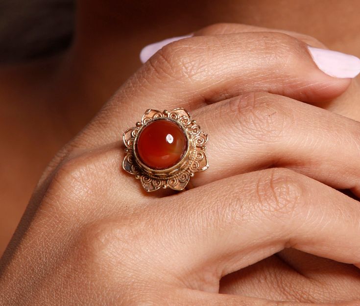 "Elegant Red Onyx Ring, Handmade Ring, Statement Ring, Gemstone Ring, Brass Ring, Women Ring, Dainty Ring, Valentine gift, Gift For Her ♥ SIZE:- All Size Are Available, choose from variation. ♥ METAL:- Brass ♥ STONE:- Red Onyx ♥ BENEFITS OF RED ONYX... Onyx gives strength. It promotes vigor, steadfastness and stamina. Imparts self-confidence, helping you to be at ease in your surroundings. Onyx banishes grief, enhances self-control and stimulates the power of wise decision-making. ♥ Please make Brass Round Band Jewelry Gift, Brass Round Rings With Gemstones, Round Brass Ring With Gemstone, Brass Rings Gift With Round Band, Open Ruby Ring Gift, Antique Carnelian Ring As A Gift, Spiritual Filigree Ring Gift, Antique Carnelian Ring As Gift, Antique Carnelian Ring For Gift