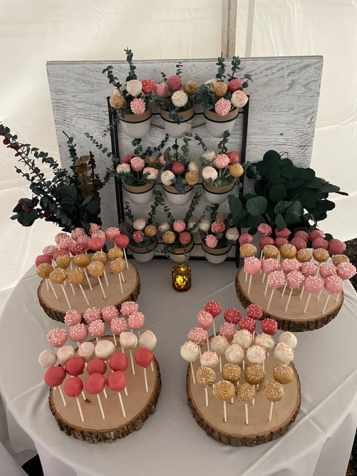 This cakepop display was made from a cast iron wall rack that held 9 flowerpots, and 4 wood log slices. This combination provided a perfect display of these unique cake pops, giving vertical interest while tying this display their outdoor woodsy theme. Graduation Deserts Ideas, Grad Party Table Display, Graduation Dessert Table Ideas, Graduation Dessert Ideas, Graduation Party Dessert Table, Grad Party Food Ideas, Floral Dessert Table, Graduation Dessert Table, Exotic Desserts