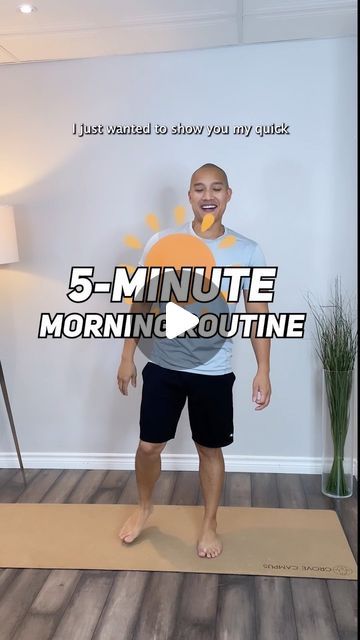 a man standing on a mat with the words 5 minute morning routine in front of him