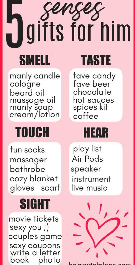 a pink poster with the words 5 gifts for him and five other things to put on it