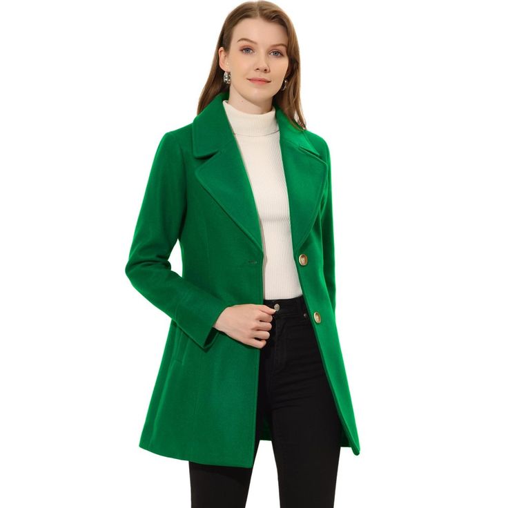 This elegant coat with pockets is a stylish yet practical addition to your winter wardrobe. This silhouette for a flattering finish, creates the perfect finishing touch for everyday outfits. The long solid color coat has an understated silhouette and a notched lapel, making for a timeless piece of outerwear. Layered over everything from smart-casual workwear to weekends, this coat will become a winter favorite. Paired well with a fitted blouse and wide-leg pants for an office-to-dinner look. The Wool Coat For Work, Casual Wool Coat For Workwear, Solid Color, Classic Green Outerwear With Buttoned Pockets, Solid Color Wool Coat For Work, Long Sleeve Solid Color Wool Coat For Work, Casual Wool Office Coat, Casual Wool Coat With Buttons For Office, Winter Fitted Blazer With Buttoned Pockets, Green Outerwear With Buttoned Pockets For Work