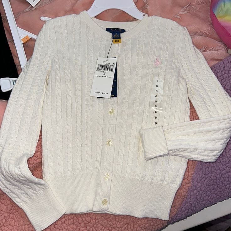 Polo Ralph Lauren - Toddler Cardigan - Cream Color - Size: 6 -7 - Excellent Condition White Winter Cardigan For School, Preppy White Cardigan For Fall, Preppy White Winter Cardigan, White Preppy Cardigan For Winter, White Preppy Cardigan For Fall, Cute White Crew Neck Cardigan, Winter School Fitted Sweater, Fitted Winter Sweater For School, White Winter Sweater For School