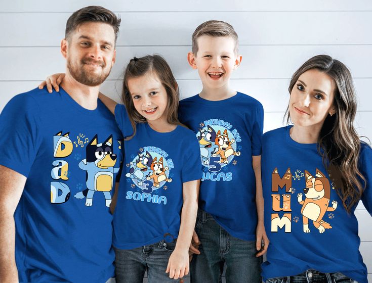 "Hello! Thank you for supporting our family small businesses. Customer satisfaction is Our #1 Goal  ✨DESCRIPTIONS: This listing is for a personalized shirts for all family member. Are available different color T-shirts, see pictures above. All Adult, Youth, Toddler, Infant T-shirt and Bodysuit's are %100 Cotton. ✔The price you see is per shirt, please read size chart and info before placing your order. ✨STEPS FOR PLACING THE ORDER: 1. Please, check and review all the photos 2. From the drop-down menus choose your shirt's Size and Color ✔Please ask for sizes and colors that are not available on our size charts. 3. For personalization, fill in the empty box with the order details: *Example order for 5 T-Shirts: 2T: \"Birthday Boy\" Noah 2 XS Youth: \"Sis\" Small Adult Unisex: \"Dad\" Medium Family Matching Blue Pre-shrunk Shirt, Blue T-shirt With Custom Print For Birthday, Customizable Fun Blue T-shirt, Blue Pre-shrunk Shirt For Birthday, Blue Family Matching Shirt For Birthday, Fun Blue T-shirt For Father's Day, Funny Blue Tops For Birthday, Family Matching Blue Shirt For Birthday, Fun Blue Tops For Birthday