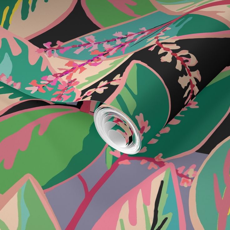 an abstract floral wallpaper with pink, green and blue flowers on black grounding