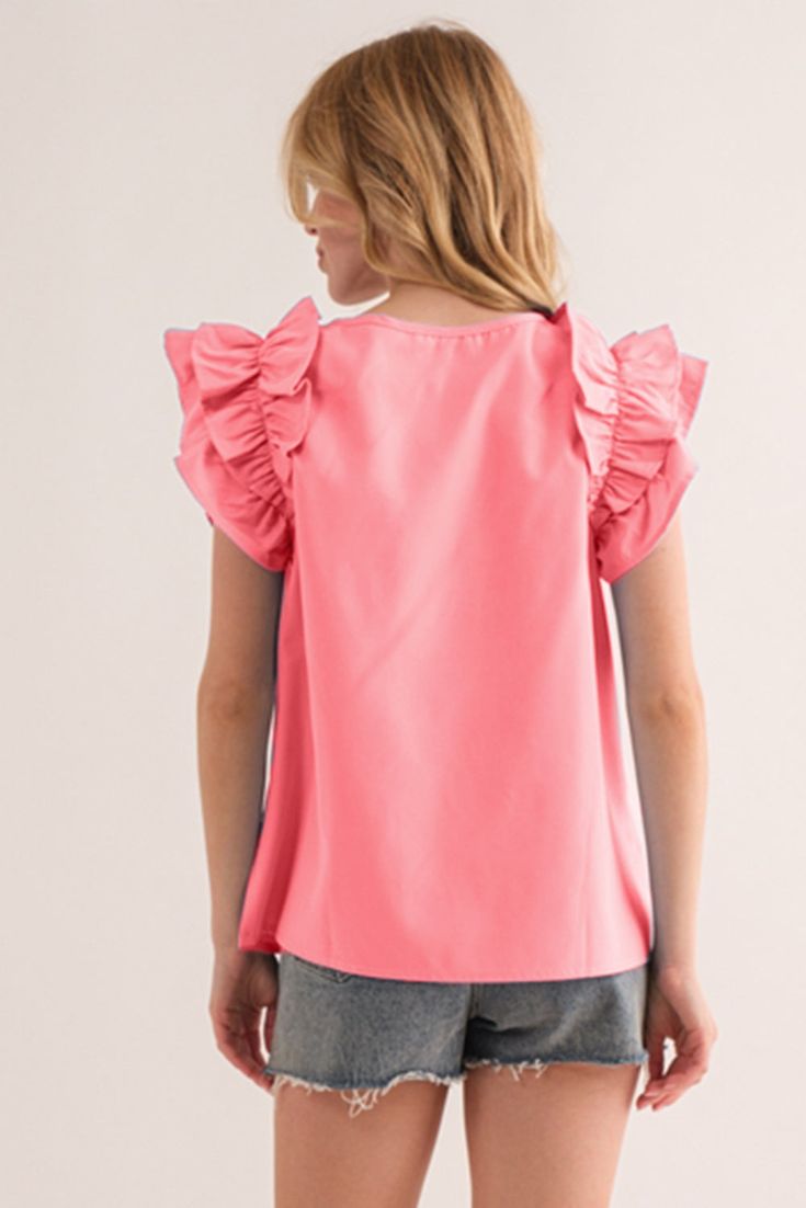 It features smocked detailing, which refers to a technique where fabric is gathered and stitched in a stretchy and elastic manner. The smocked sections of the blouse create a fitted and textured appearance, adding visual interest and enhancing the overall design. The relaxed fit makes it suitable for various body types and can be easily paired with different bottoms for versatile styling options. The blouse is a versatile piece that can be dressed up or down. It can be paired with tailored pants Summer Flutter Sleeve Top With Gathered Sleeves, Summer Tops With Gathered Flutter Sleeves, Chic Smocked Top With Ruffle Sleeves, Feminine Top With Smocked Back And Flutter Sleeves, Pink Smocked Bodice Blouse For Spring, Spring Pink Blouse With Smocked Bodice, Feminine Smocked Top With Ruffle Sleeves, Feminine Tops With Smocked Bodice And Flutter Sleeves, Feminine Top With Smocked Bodice And Flutter Sleeves