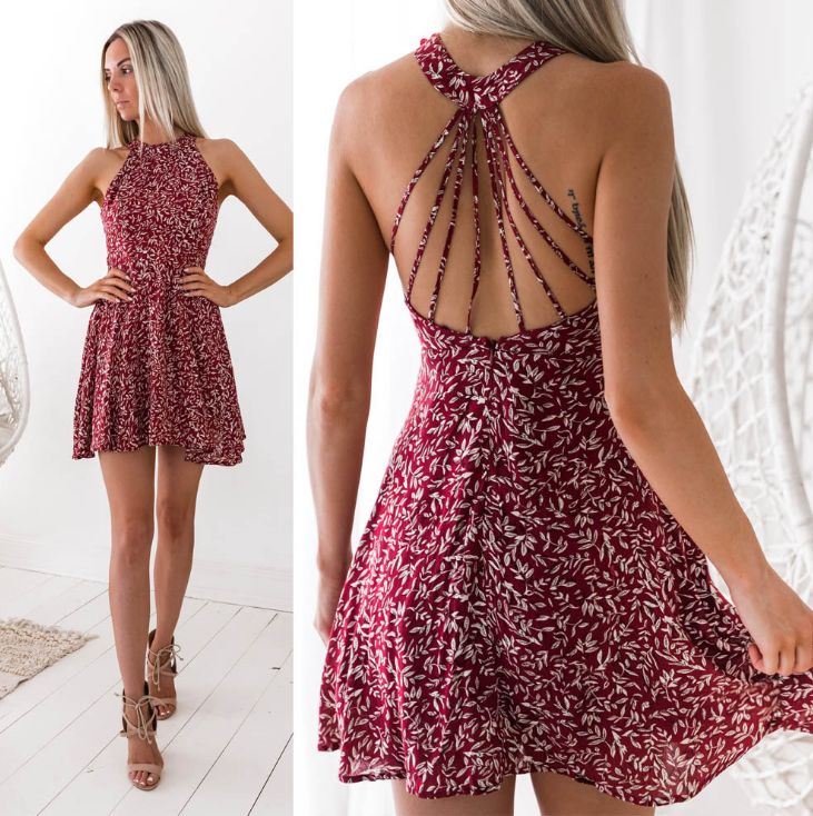 2018 Sexy Hanging Neck Backless Print Dress Casual Short Dresses, Red Backless Dress, White Maxi Dress Boho, Cherry Print Dress, Short Beach Dresses, Backless Dress Summer, Short Dress White, Gaun Fashion, Boho Dresses Long