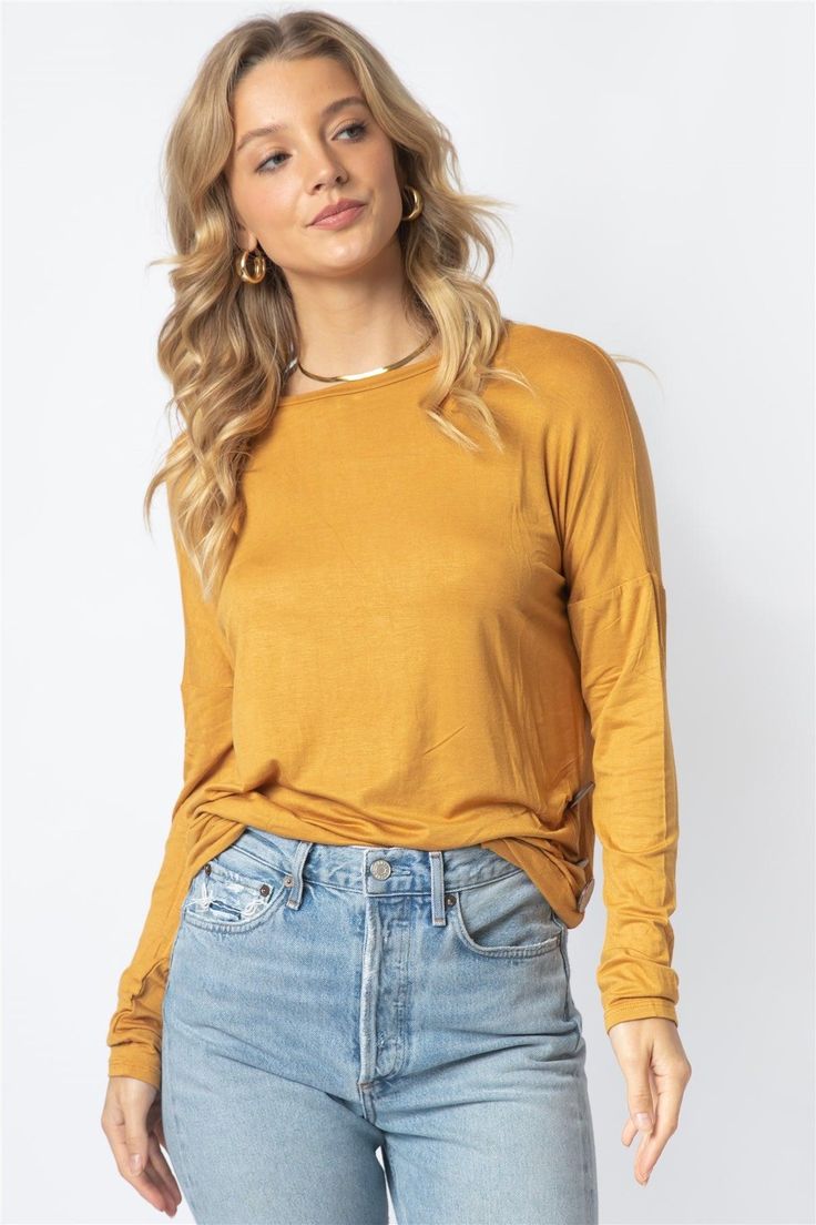 Mustard Side Bottom Button Detail Long Sleeve Top /1-2-2-1 Mustard Color, Wholesale Clothing, Button Detail, Drop Shoulder, Long Sleeve Top, Round Neckline, Mustard, Must Haves, Long Sleeve Tops