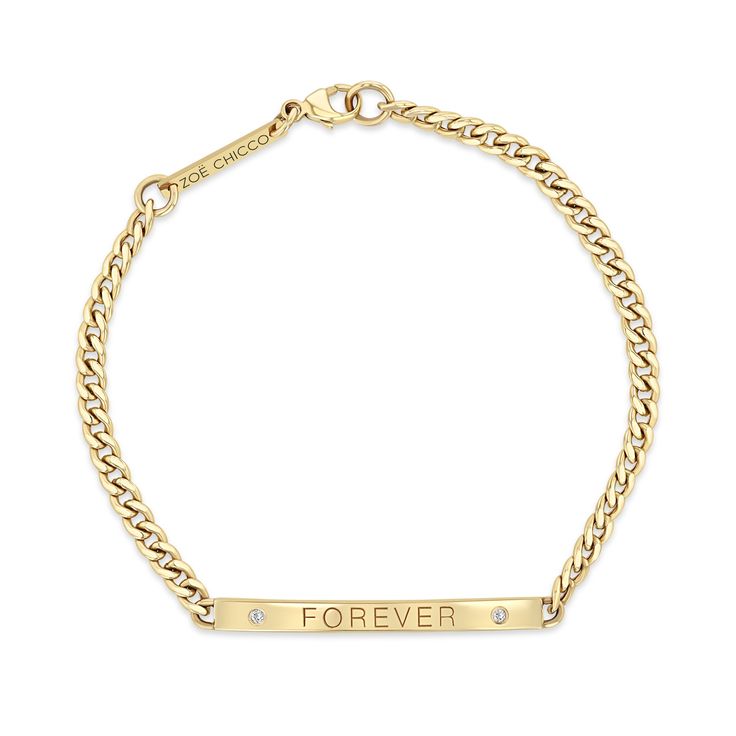 14k gold small hollow curb chain bracelet with two round white diamonds set at each end of the personalized ID bar SPECIFICS • 14k small curb chain fixed length at 6.5" or 7"• chain is approx. 3mm wide• ID tag is approx. 32mm x 3mm and 1.5mm in thickness• white diamonds .02 ctw• available in yellow gold only• can customize up to 8 letters• please note all engraving will be done in uppercase letters for this piece Zoe Chicco, Id Bracelets, Id Tag, Chain Bracelet, Diamond White, Yellow Gold, Chain, Gold