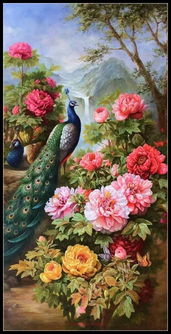 a painting of two peacocks and flowers