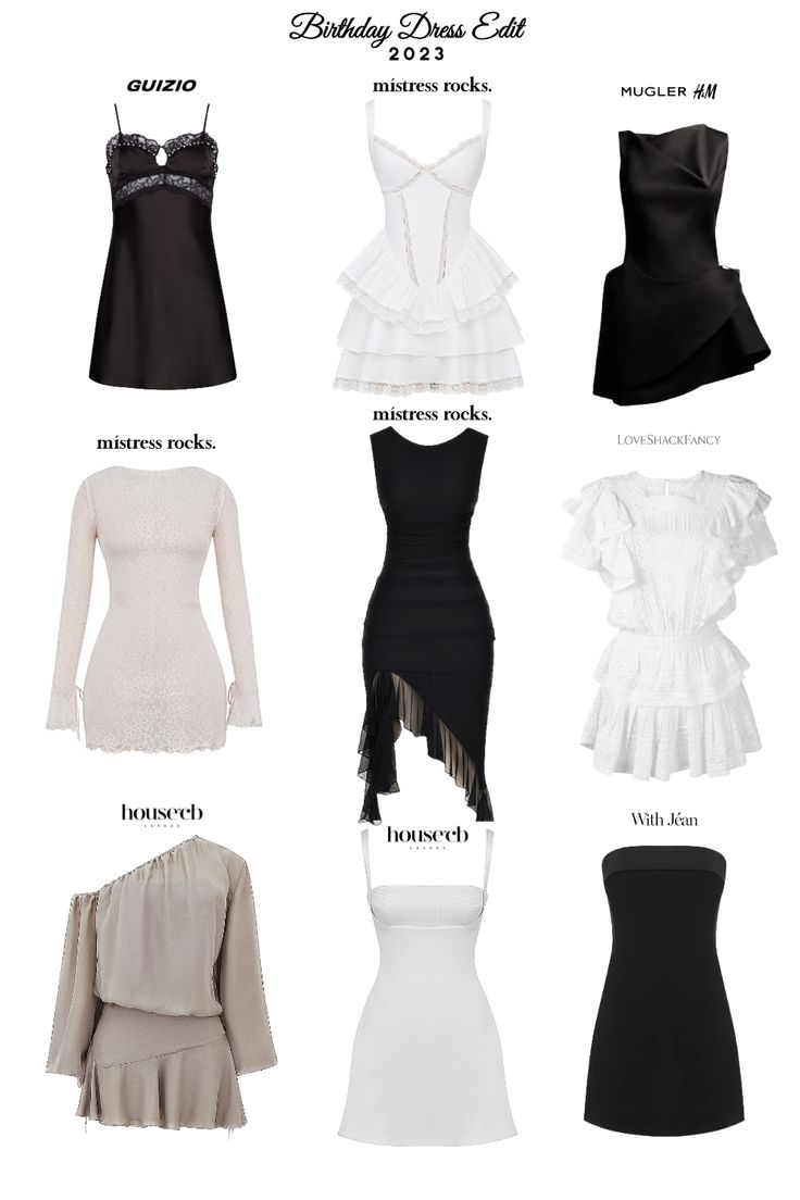 A variety of different black, white or neutral colored birthday dresses. Short Old Money Dress, Dress For 18th Birthday Summer Outfits, Dresses For 18th Birthday Parties, Birthday Dresses For Winter, Black Themed Birthday Party Outfits, 18th Bday Dress Ideas, 18th Dress Birthday Outfits, Birthday Dress Ideas For Teens, Shein Birthday Dress