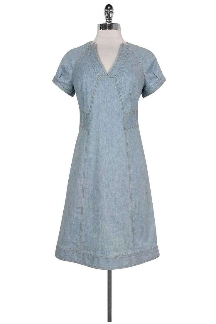 Current Boutique-Derek Lam - Light Blue Chambray Dress Sz 4 Elegant Short Sleeve Denim Workwear Dress, Elegant Short Sleeve Denim Dress For Work, Classic Fitted Denim Dress, Elegant Short Sleeve Denim Summer Dress, Classic Medium Wash Denim Dress For Spring, Light Wash Fitted Knee-length Dress, Fitted Light Wash Knee-length Dress, Classic Blue Denim Dress For Spring, Classic Knee-length Spring Denim Dress