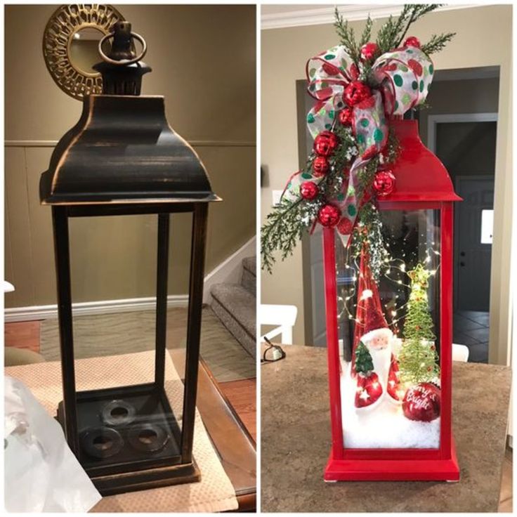 christmas decorations are displayed in an old fashioned lantern and on display at the front door