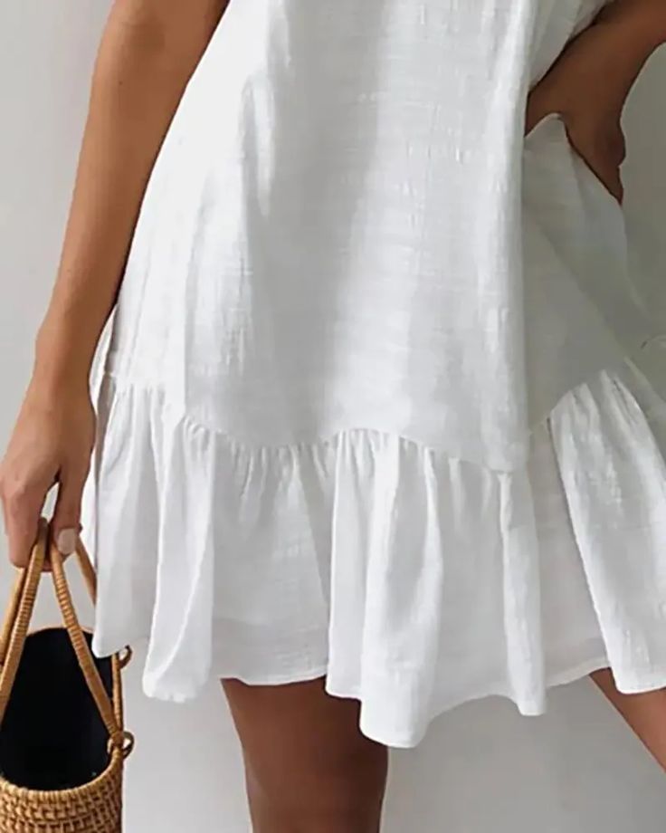 Lasaky - Spahgetti Strap Ruffles Hem Casual Dress Solid Ruffled Mini Sundress, Solid Color Mini Sundress With Ruffles, Solid Mini Sundress With Ruffles, White Ruffle Dress For Summer Brunch, Solid Color Summer Mini Dress With Ruffle Hem, Solid Summer Mini Dress With Ruffle Hem, Casual Summer Sundress With Ruffle Hem, Casual Solid Color Sundress For Brunch, Casual Solid Color Dresses With Ruffles