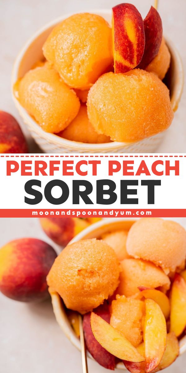 Learn how to make Perfect Peach Sorbet! Not only is this fruity spring dessert bursting with fresh peach flavor, but it is also gluten-free, dairy-free, nut-free, soy-free, and plant-based with a sugar-free option. Save this fruit sorbet recipe for a fun summer frozen treat! Non Dairy Sorbet Recipe, Peach Recipe Gluten Free, Peach Sorbet Recipe Ice Cream Maker, Dairy Free Sorbet Recipes, Fruitatarian Recipes, Frozen Sorbet Recipes, Frozen Peach Dessert Recipes, Frozen Desserts Easy Summer, Home Made Sorbet Recipes