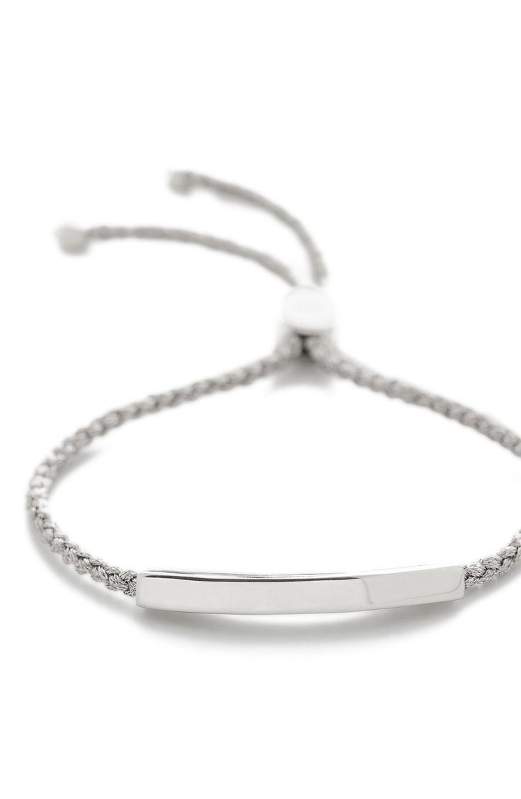 Inspired by traditional friendship bracelets, this layer-ready piece has a metallic woven cord and a slender bar crafted from precious metal. Exclusive US retailer Adjustable slide closure Can be engraved; >see locations Recycled sterling silver/textile Imported Recipient of the Butterfly Mark certification, which identifies luxury brands that adhere to social and environmental best practices This product meets Nordstrom Responsible Manufacturing criteria: made with practices that meet higher en Monica Vinader Bracelet Friendship, Adjustable Silver Braided Bracelet With Box Chain, Silver Sterling Braided Bracelet With Sliding Knot, Sterling Silver Braided Bracelet With Sliding Knot, Classic Silver Adjustable Braided Bracelets, Adjustable Silver Box Chain Bracelet, Minimalist Silver Braided Bracelet With Adjustable Cord, Minimalist Silver Chain Bracelet With Adjustable Length, Silver Minimalist Braided Bracelet With Adjustable Cord