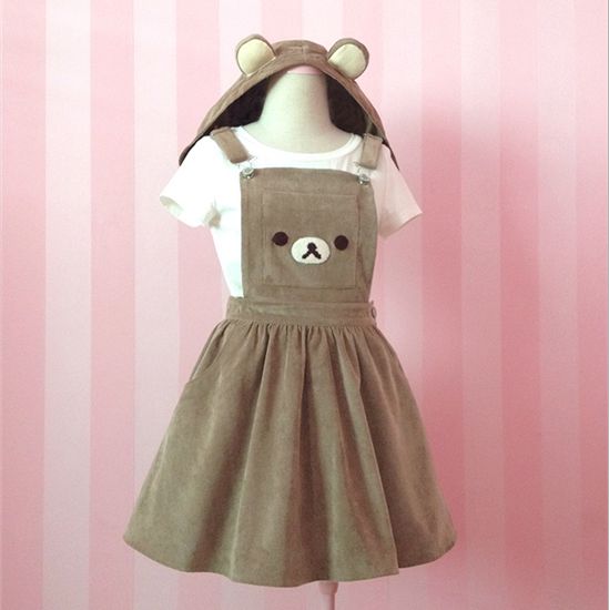 G_f_5d9_7d)b(o21c0upl_248r0)i_original Kawaii Rilakkuma, Aesthetics Outfits, Harajuku Dress, Estilo Harajuku, Bear Embroidery, Style Kawaii, Overall Skirt, Kawaii Dress, Warm Dresses