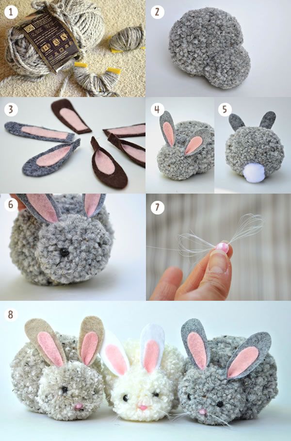 crocheted rabbits made out of yarn and scissors are featured in this photo collage