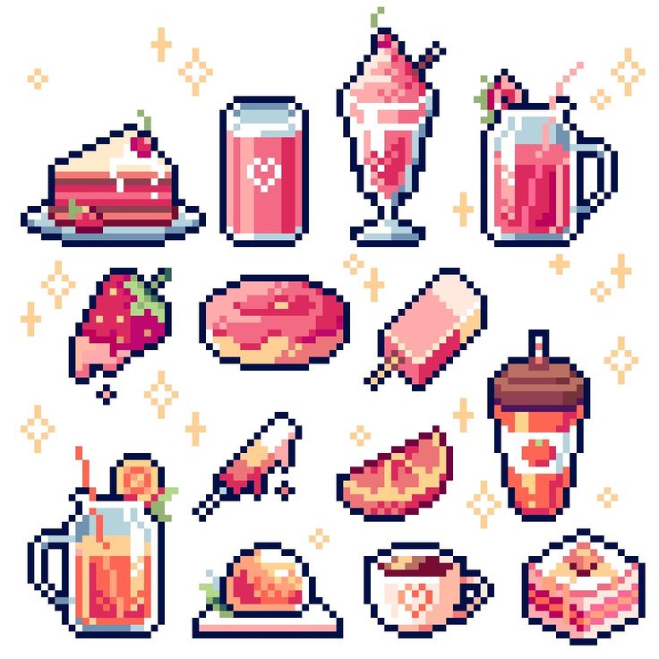 pixel art food and drink icons set in 8x8 pixel style with white background